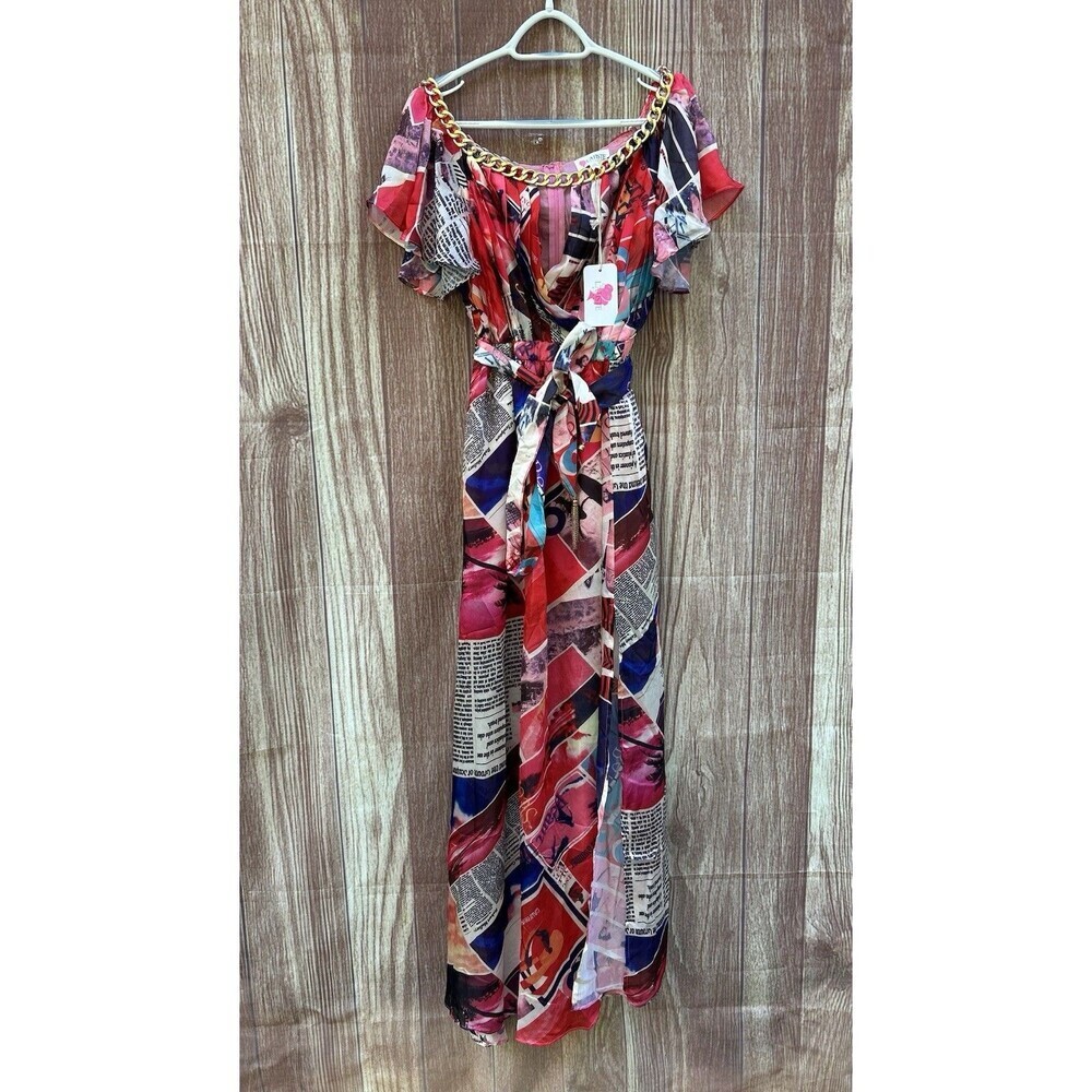 New L'Atiste by Amy Pop Art Comic Maxi Dress Print Gold Accent Art To Wear M